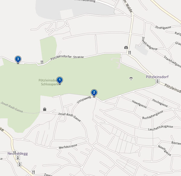 Eine digitale Karte, die den Schlosspark Pötzleinsdorf in Wien, Österreich, zeigt, mit drei Standortmarkierungen innerhalb und in der Nähe des Parkgeländes.