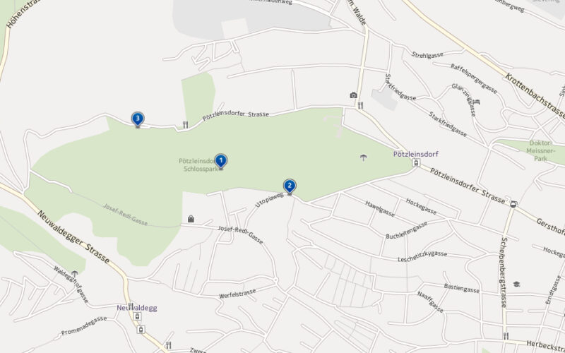 Eine digitale Karte, die den Schlosspark Pötzleinsdorf in Wien, Österreich, zeigt, mit drei Standortmarkierungen innerhalb und in der Nähe des Parkgeländes.