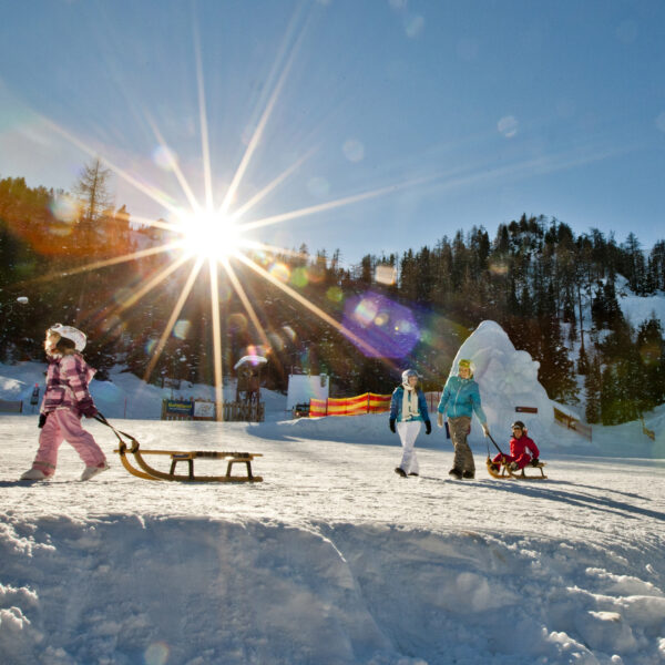 Kinder in Winterkleidung laufen und spielen mit Schlitten auf einem verschneiten Hang unter der strahlenden Sonne, umgeben von Bäumen und fernen Bergen.