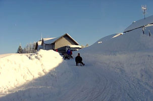 Eine Person fährt mit dem Schlitten einen schneebedeckten Weg in der Nähe eines Hauses hinunter, mit großen Schneebänken auf beiden Seiten unter einem klaren blauen Himmel.