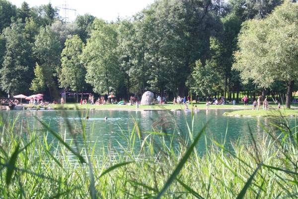 An einem sonnigen Tag versammeln sich Menschen am Rande eines kleinen Sees, umgeben von Bäumen und Grün, mit hohem Gras im Vordergrund.