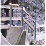 Person, die sich an ein Holzgeländer neben einer Felswand lehnt, wobei ein Teil einer Treppe und eines Weges sichtbar ist.