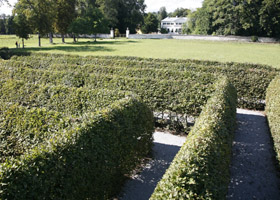 Ein sauber getrimmtes Heckenlabyrinth mit Kieswegen in einem Garten, umgeben von Gras und Bäumen, mit einem weißen Gebäude im Hintergrund.