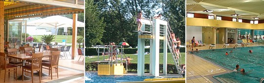 Eine Collage zeigt ein Café im Freien mit Tischen, ein Freibad mit einem Sprungturm und Schwimmern sowie ein Hallenbad mit schwimmenden und stehenden Menschen am Beckenrand.