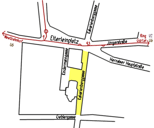 Handgezeichnete Karte der Gegend um den Elterleinplatz mit eingezeichneten Straßen, einschließlich der Kalvarienberggasse, die gelb markiert ist, und nahe gelegenen Verkehrslinien, die rot markiert sind.