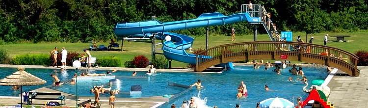 Außenschwimmbad mit schwimmenden, faulenzenden und spielenden Menschen; eine Wasserrutsche und eine Holzbrücke führen über das Becken; im Hintergrund eine Wiese und Bäume.