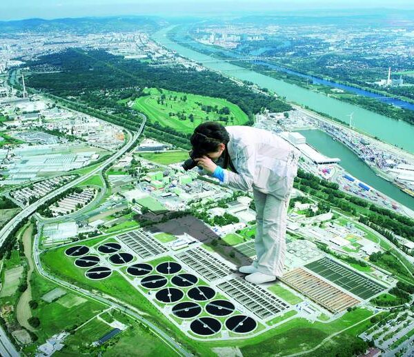 Ein digital bearbeitetes Bild einer Person in weißer Kleidung, die riesengroß erscheint, über einer Luftaufnahme einer Stadt steht und die Landschaft darunter fotografiert.