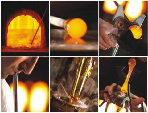 Eine Collage zeigt die Phasen der Glasbläserei: Erhitzen des Glases in einem Ofen, Formen des geschmolzenen Glases und Blasen und Formen des fertigen Stücks.