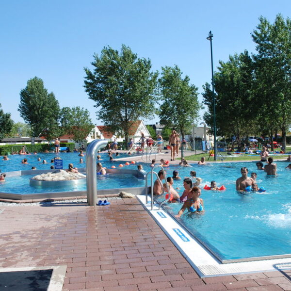 Menschen, die an einem sonnigen Tag in einem öffentlichen Freibad schwimmen und sich entspannen, mit Bäumen und Sitzgelegenheiten am Beckenrand im Hintergrund.