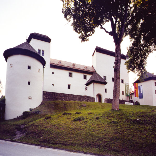 Ein weißes Schloss im mittelalterlichen Stil mit runden Türmen und einem abfallenden Grashügel davor, der teilweise von großen Bäumen beschattet wird.