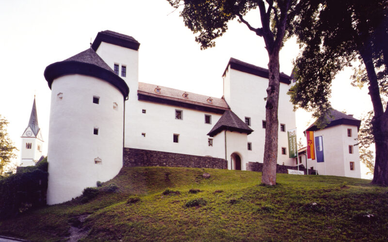 Ein weißes Schloss im mittelalterlichen Stil mit runden Türmen und einem abfallenden Grashügel davor, der teilweise von großen Bäumen beschattet wird.
