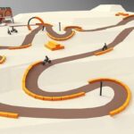 Ein gerendertes Bild einer Fahrrad-Pumptrack mit gewundenen braunen Wegen, orangefarbenen Barrieren, Rampen, Straßenlaternen und einem kleinen Gebäude im Hintergrund, das von Radfahrern bevölkert ist.