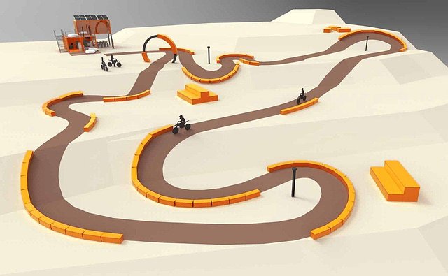 Ein gerendertes Bild einer Fahrrad-Pumptrack mit gewundenen braunen Wegen, orangefarbenen Barrieren, Rampen, Straßenlaternen und einem kleinen Gebäude im Hintergrund, das von Radfahrern bevölkert ist.