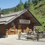 Eine Holzhütte mit Balkon steht in einer grasbewachsenen Hügellandschaft; draußen sitzen an einem sonnigen Tag mehrere Personen an Picknicktischen.