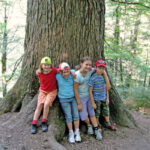 Vier Kinder stehen dicht beieinander vor einem großen Baumstamm in einem Wald und lächeln in die Kamera.