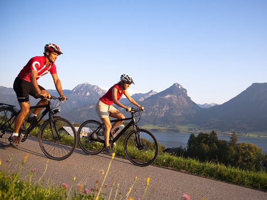 Zwei Menschen mit Helmen und roten Hemden fahren mit dem Fahrrad auf einem gepflasterten Weg, im Hintergrund sind unter einem klaren Himmel Berge, ein See und Grün zu sehen.