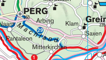 Ein Ausschnitt einer geografischen Karte, der die Städte Perg, Arbing, Klam und Grein mit den eingezeichneten Straßen, Flüssen und Routennummern zeigt.