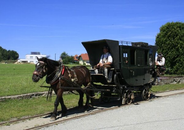 Eine Pferdekutsche mit zwei Personen fährt auf Gleisen neben einer Wiese und Gebäuden unter einem klaren blauen Himmel.
