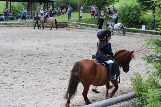 Ein Kind in Reitkleidung reitet auf einem braunen Pony in einer Sandarena, im Hintergrund sind andere Reiter und Zuschauer zu sehen.