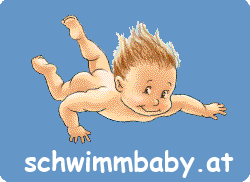Illustration eines lächelnden schwimmenden Babys auf blauem Hintergrund mit dem Text „schwimmbaby.at“ unter dem Bild.