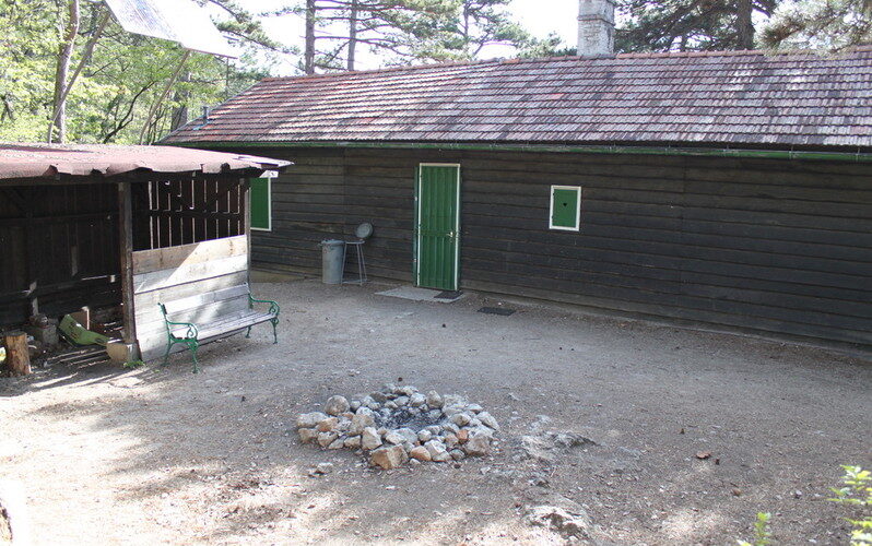 Eine Holzhütte mit einer grünen Tür und kleinen Fenstern, einer Feuerstelle aus Stein davor, einer Bank und einem Schuppen neben dem Gebäude in einem Waldgebiet.