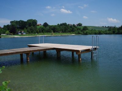 Ein hölzerner Steg mit einer Metallleiter erstreckt sich über einen ruhigen See, umgeben von grünen Bäumen und Gras unter einem blauen Himmel mit vereinzelten Wolken.