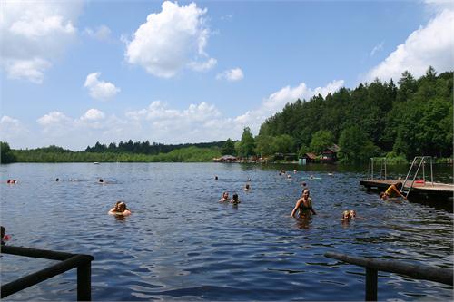 Menschen, die in einem von Bäumen umgebenen See schwimmen und sich entspannen, mit einem Steg und bewölktem Himmel im Hintergrund.
