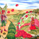 Zwei geflügelte Feen befinden sich auf einer Wiese; die eine hält eine Rose in der Hand, während die andere in einer durchsichtigen Blase sitzt, die von Rosenblättern umgeben ist, mit einem gewundenen Weg und Bäumen im Hintergrund.