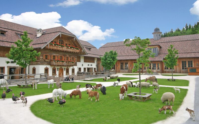 Bauernhof mit verschiedenen Tieren, darunter Ziegen, Schafe, Ponys, Alpakas, Truthähne und Enten, die auf grünem Gras vor Holzgebäuden unter blauem Himmel grasen.