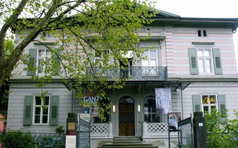 Ein zweistöckiges graues Haus mit grünen Fensterläden, einem Balkon und Spruchbändern an der Fassade, das teilweise von einem belaubten Baum verdeckt wird.