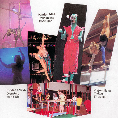 Collage von Zirkus- und Gymnastikaktivitäten für Kinder und Jugendliche, mit Altersgruppen und Terminen in deutschem Text.