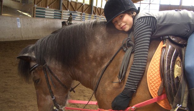 Ein Kind, das einen Helm und Handschuhe trägt, liegt auf dem Rücken eines braunen Pferdes mit orangefarbener Schabracke in einer Reithalle.