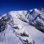 Schneebedeckte Skipisten auf einem Berg mit Skiliften, Bäumen und blauem Himmel im Hintergrund.