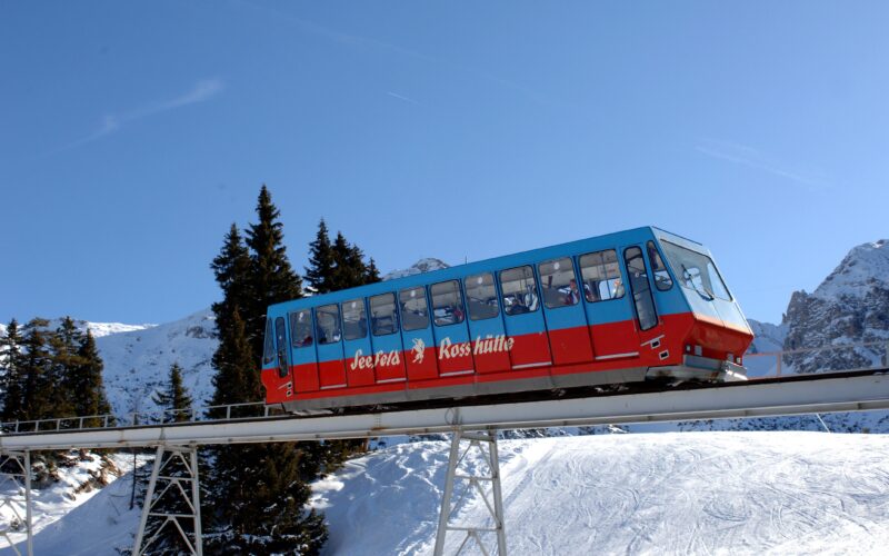 Eine rot-blaue Standseilbahn fährt auf einer Hochbahnstrecke durch eine verschneite Berglandschaft mit immergrünen Bäumen und strahlend blauem Himmel.
