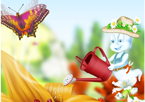 Eine Zeichentrickfigur mit einem Hut mit Blumen gießt eine große gelbe Blume mit einer roten Gießkanne, während ein Schmetterling in der Nähe fliegt.