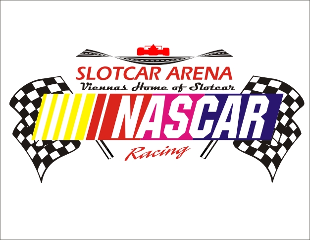 Logo für Slotcar Arena mit karierten Flaggen, einer Rennstreckengrafik und fettem NASCAR-Text mit bunten Streifen. Die Tagline lautet "Viennas Home of Slotcar Racing".