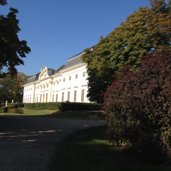 Ein großes, weißes, klassizistisches Gebäude mit Statuen auf dem Dach ist teilweise von Bäumen und Sträuchern verdeckt und steht unter einem klaren blauen Himmel.