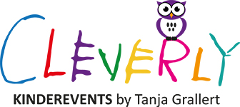 Logo mit bunten Buchstaben, die "Cleverly" schreiben, einer lila Eule auf dem "R" und dem Text "Kinderevents by Tanja Grallert" darunter in Schwarz.