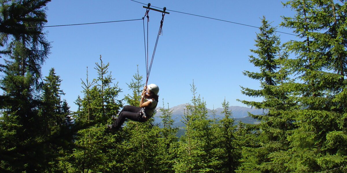 Eine Person, die einen Helm trägt, fährt mit einer Seilrutsche über einen Wald mit Bergen im Hintergrund unter einem klaren blauen Himmel.