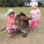 Zwei kleine Kinder mit Kopftüchern sitzen und stehen neben einem Esel, der auf einer Wiese am Boden liegt.