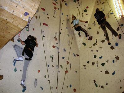 Drei Personen mit Klettergurten klettern an einer Indoor-Kletterwand mit farbigen Griffen und Sicherungsseilen.