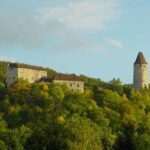 Ein steinernes Schloss mit einem angrenzenden hohen Turm steht auf einem baumbestandenen Hügel unter einem teilweise bewölkten Himmel.