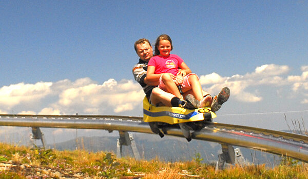 Ein Erwachsener und ein Kind fahren gemeinsam auf einer gelben Alpenachterbahn an einem sonnigen Tag, mit Bergen und blauem Himmel im Hintergrund.