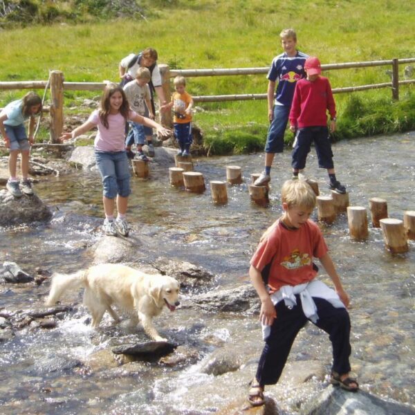 Mehrere Kinder und ein Hund überqueren einen flachen Bach mit Hilfe von Steinen und Holzpfosten, während im Hintergrund eine Wiese und ein Holzzaun zu sehen sind.