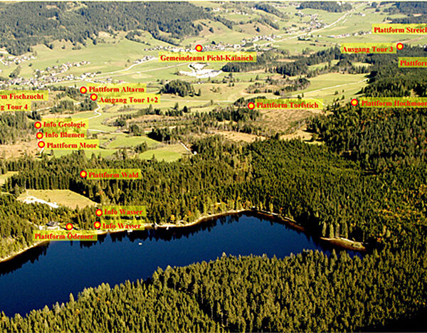 Luftaufnahme einer bewaldeten Landschaft mit einem See im Vordergrund und beschrifteten Sonderzielen in deutscher Sprache quer über das Bild.