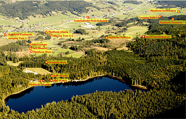 Luftaufnahme einer bewaldeten Landschaft mit einem See im Vordergrund und beschrifteten Sonderzielen in deutscher Sprache quer über das Bild.