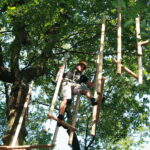 Eine Person, die einen Helm und einen Klettergurt trägt, klettert auf einen hängenden hölzernen Hindernisparcours hoch in einem Baum, umgeben von grünen Blättern.