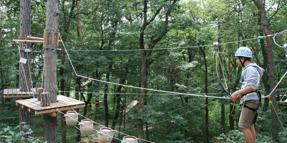 Eine Person mit Helm und Klettergurt steht auf einer Holzplattform und bereitet sich darauf vor, einen Hindernisparcours aus Seilen und Fässern in einem Wald zu durchqueren.