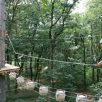 Eine Person mit Helm und Klettergurt steht auf einer Holzplattform und bereitet sich darauf vor, einen Hindernisparcours aus Seilen und Fässern in einem Wald zu durchqueren.