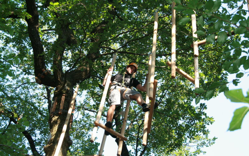 Eine Person, die einen Helm und einen Klettergurt trägt, klettert auf eine hängende Holzleiter in einem von grünen Blättern umgebenen Baumkronen-Abenteuerpark.